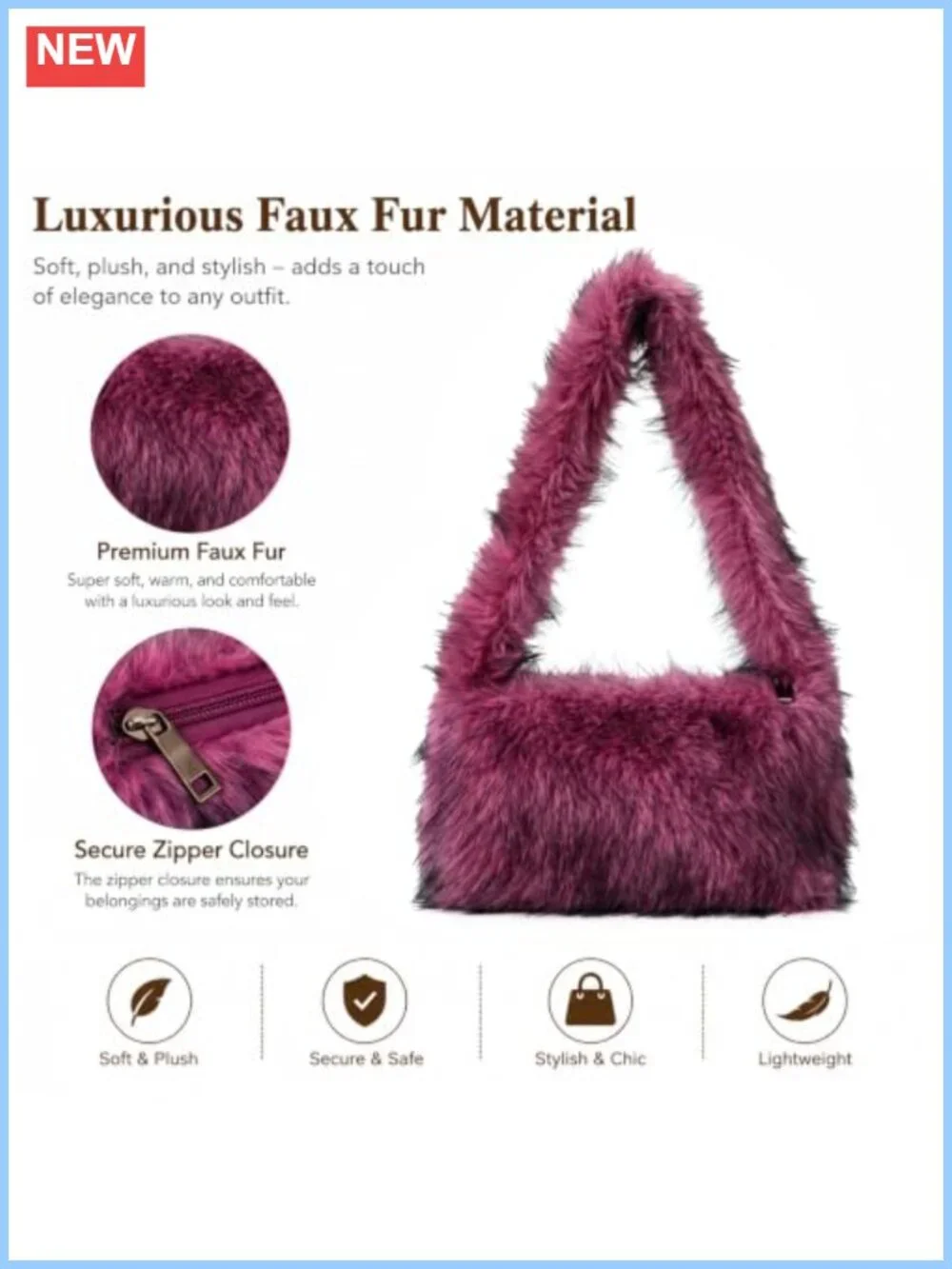 Faux Fur Shoulder Bag Hobo Tote Plush Zip Closure